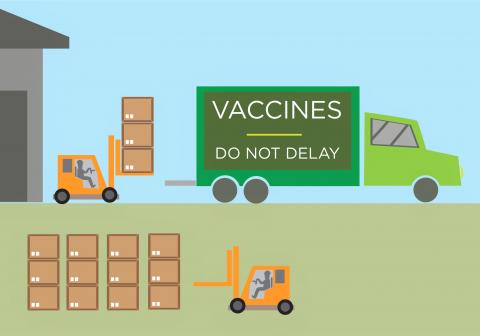Royalty-free stock vector ID: 1928702825 Vaccine logistics concept. Cargo boxes are being loaded for transport. By Crystal Eye Studio