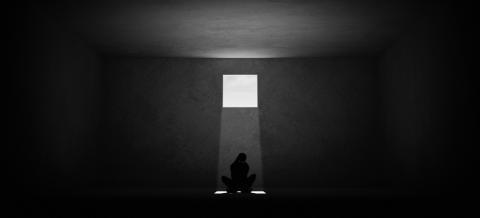 Stock Illustration ID: 2156995439 Woman Trapped Domestic Violence Relationship Nightmare concept Abuse Depression Sitting Alone in a Room with a Small Square Window Black and White Low Key Mental Health 3d illustration render